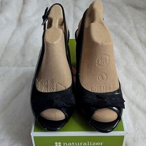 Black Patent Leather Peep-Toe Slingback Heels